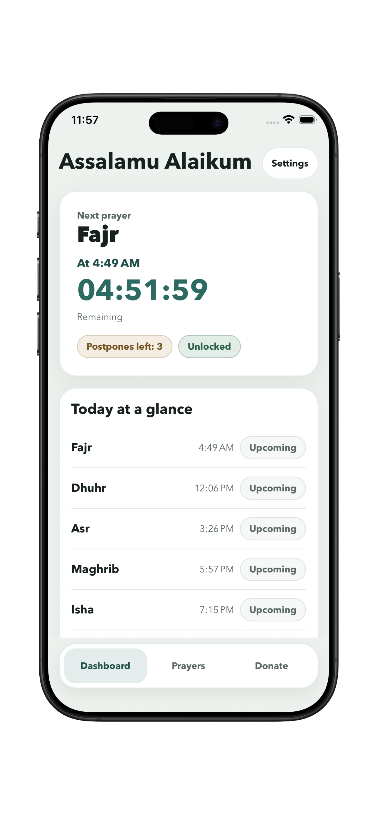 Prayer Lock - Salah Focus dashboard showing prayers and daily progress